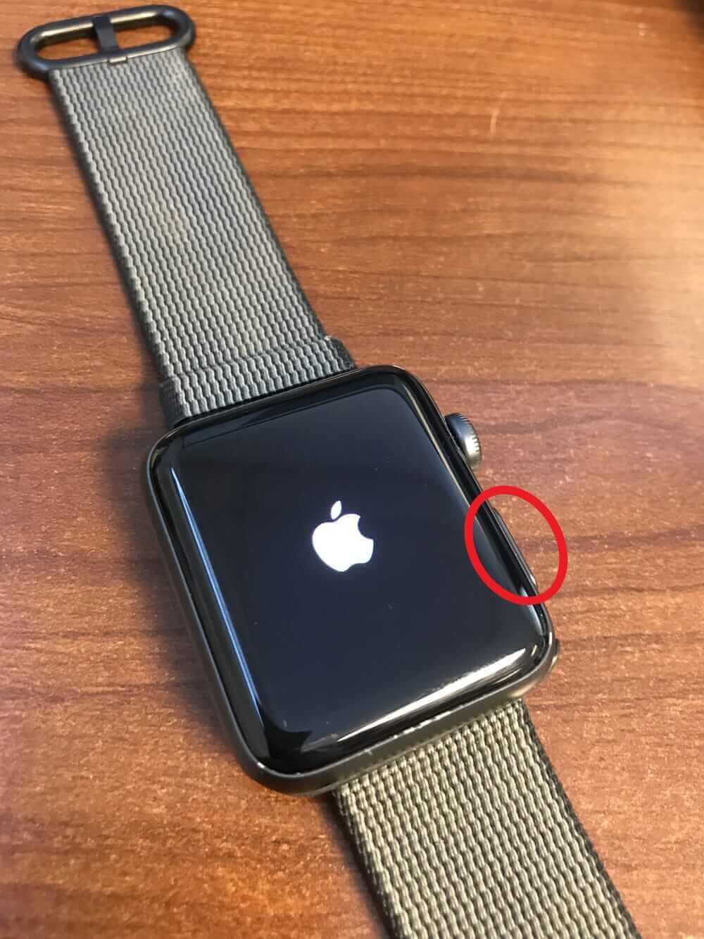 按住帶圓圈的按鈕以打開Apple Watch